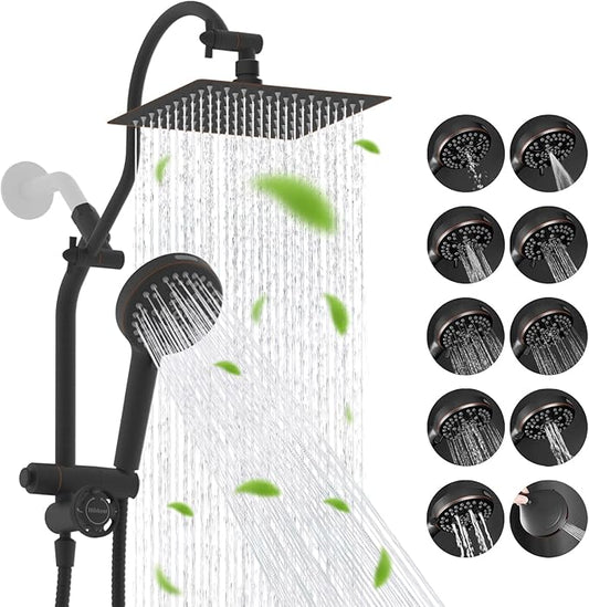 Hibbent High Pressue All Metal 8" Rainfall Shower Head, Handheld 10-Spray | cUPC Certified Oil-Rubbed Bronze Dual Showerhead Combo, 4-way Diverter with Pause Mode, Extension Arm, 71'' Hose & Holder
