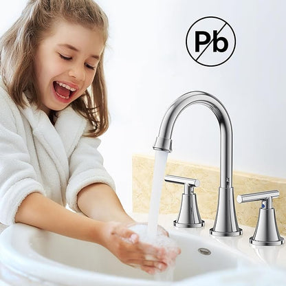 Bathroom Faucets for Sink 3 Hole, Hurran Chrome Bathroom Sink Faucet with Pop-up Drain and Supply Lines, Stainless Steel Lead-Free Widespread Faucet for Vanity RV Farmhouse, 2 Pack
