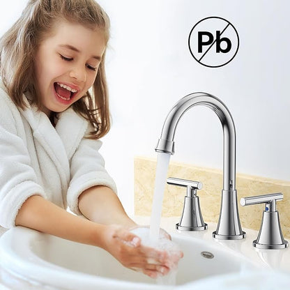Bathroom Faucet 3 Hole, Chrome Faucets with Pop-up Drain and Supply Lines | Hurran Stainless Steel Lead-Free Widespread Bathroom Sink Faucet for Vanity RV Restroom Laundry Outdoor Utility Sink
