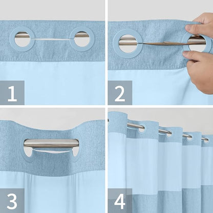 eachope No Hook Fabric Shower Curtain with Snap-in Liner,54x80 Fog Blue | Linen Texture,230GSM Thick Fabric,Hotel Luxury Decor,Mesh Window,Waterproof & Machine Washable,for Shower Stall or Bathroom