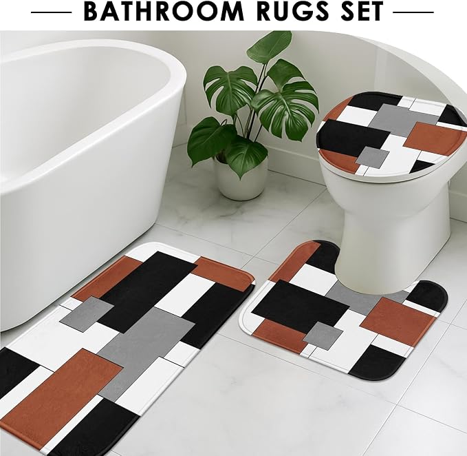 Bathroom Sets with Shower Curtain and Rugs, 4 Pcs, Geometric Modern | Abstract Checkered Brown Bathroom Decor Set with Toilet Lid Cover, Non-Slip Bath Mats and Accessories 12 Hooks
