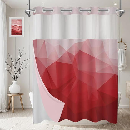 No Hook Shower Curtain with Snap in Liner Set, Red, 71x86 | Waterproof Fabric for Bathroom, Modern Hotel Style Ombre Design, Mesh Top Window, Machine Washable, Quick Install