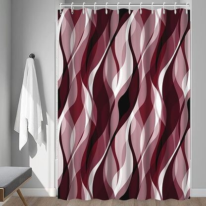 Burgundy Shower Curtain, Modern Abstract Ombre Burgundy Striped Shower Curtain Set for Bathroom Waterproof Shower Curtain with Hooks, 72x78 Inch
