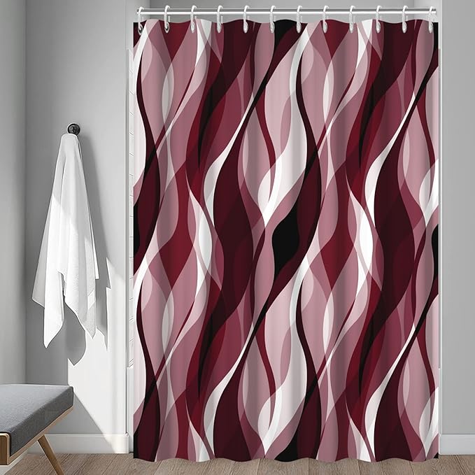 Burgundy Shower Curtain, Modern Abstract Ombre Burgundy Striped Shower Curtain Set for Bathroom Waterproof Shower Curtain with Hooks, 72x96 Inch