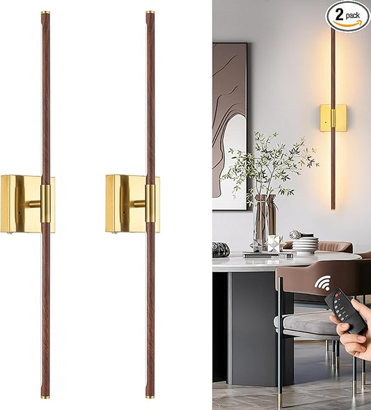 36 Inch Battery Operated Wall Sconces Set of 2, Dimmable Battery Wall Sconce with Remote Control, Walnut Gold LED Rechargeable Sconces, Modern Wireless Wall Lights for Bedroom, Living Room