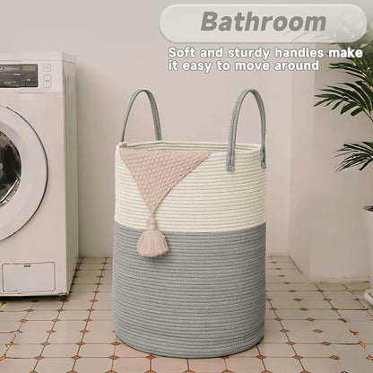JMvicyroam 100L Cotton Rope Laundry Basket Hamper, White and Grey | Collapsible laundry basket, reinforced handles, freestanding, machine washable, holds 3-5 thick blankets, clothes or toys