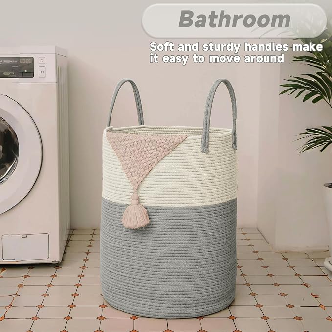 JMvicyroam 60L Cotton Rope Laundry Basket Hamper, White and Grey | Collapsible laundry basket, reinforced handles, freestanding, machine washable, holds 3-5 thick blankets, clothes or toys