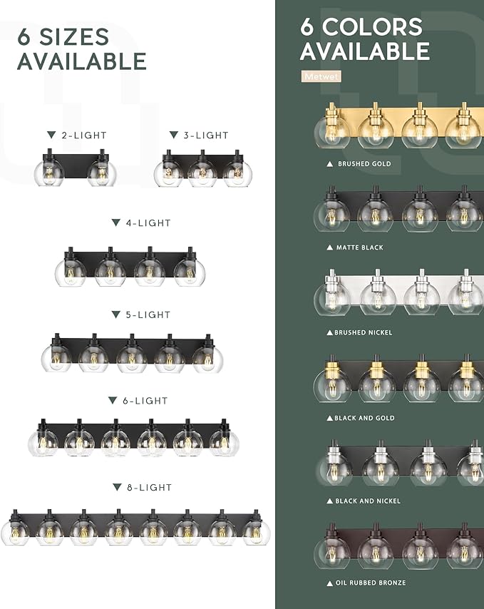 Bathroom Light Fixtures, 3-Light Matte Black Vanity Light, Modern Wall Sconces with Clear Glass Globe Shade, Bathroom Wall Lights for Mirror Kitchen Bedroom Hallway, VL195-MB-3
