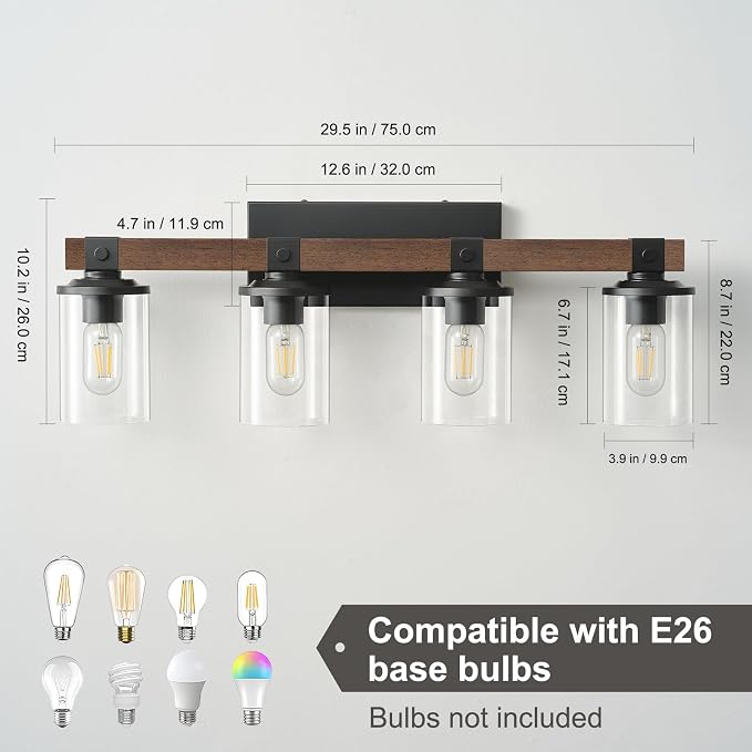 Bathroom Vanity Light Fixtures 4 lights Wooden Farmhouse Vanity Lights | Rustic Bathroom Lights over Mirror with Clear Glass Shade Black Industrial Wall Sconce for Bathroom Bedroom Hallway