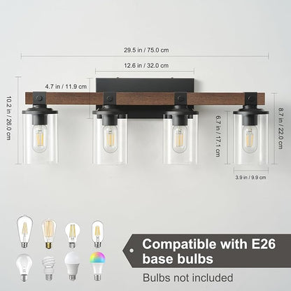 Bathroom Vanity Light Fixtures 4 lights Wooden Farmhouse Vanity Lights | Rustic Bathroom Lights over Mirror with Clear Glass Shade Black Industrial Wall Sconce for Bathroom Bedroom Hallway