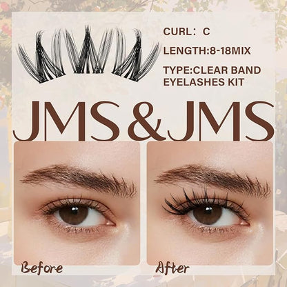 JMS&JMS Spike Lashes Kit, Anime Lash Clusters Kit, Manga Lash Extension Kit | C Curl 8-18Mix Invisible Band Lash Kit Natural Wispy Eyelashes Kit with Black Lash Bond and Seal, Remover at Home