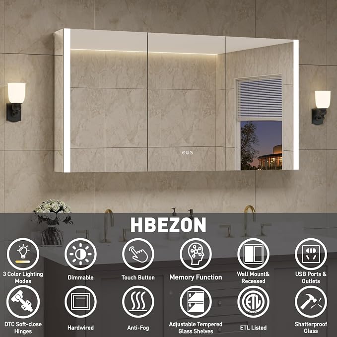 60 x 32 Inch Medicine Cabinet with Mirror and LED Light for Bathroom | Recessed, Wall-Mounted, Dimmable, Anti-Fog, Memory Function, 3 Color Mode, Outlet&USB, Adjustable Shelf, ETL Listed, Aluminum