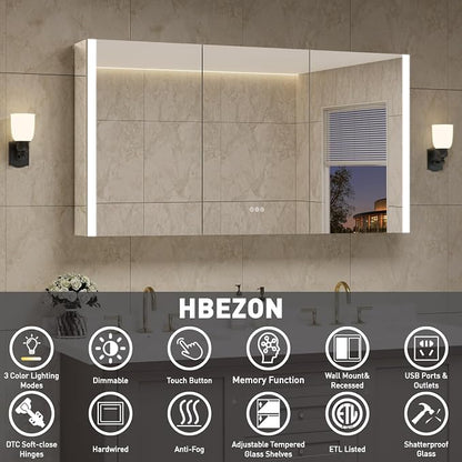60 x 32 Inch Medicine Cabinet with Mirror and LED Light for Bathroom | Recessed, Wall-Mounted, Dimmable, Anti-Fog, Memory Function, 3 Color Mode, Outlet&USB, Adjustable Shelf, ETL Listed, Aluminum