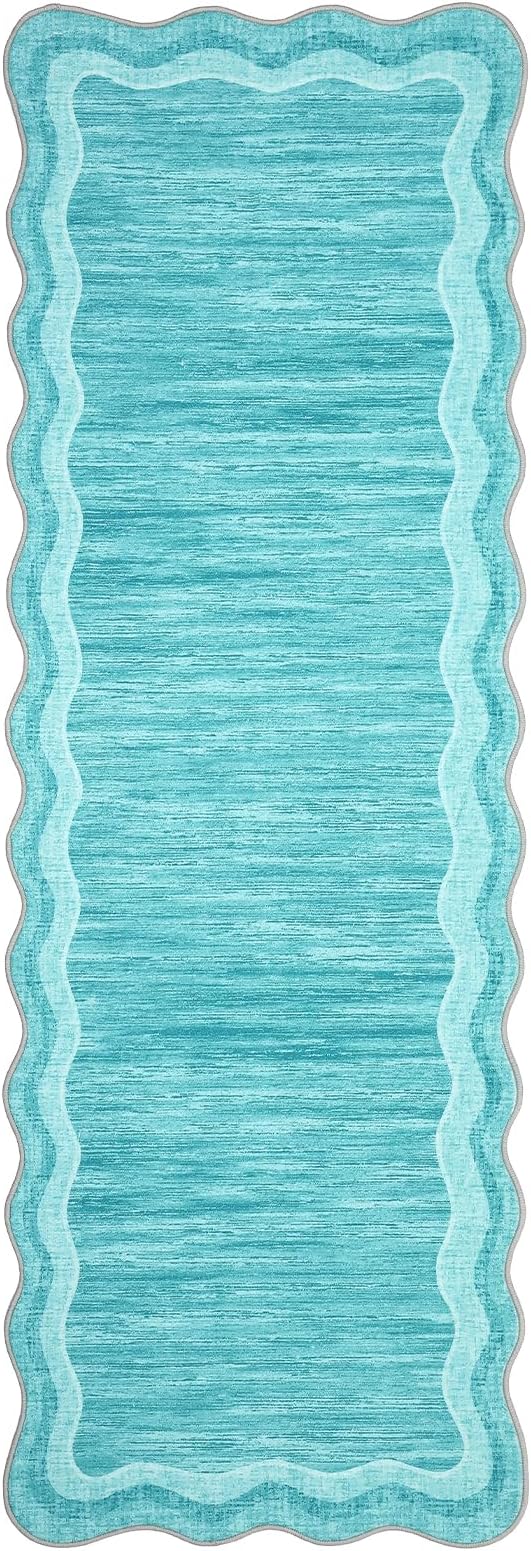 Garvee Washable Runner Rug 2x6 Modern Solid Scalloped Kitchen Runner Teal | Modern Long Runner Rug for Entryway Bedroom, Non Slip Low Pile Solid Runner Rugs for Entryway, Nursery Rugs Runner