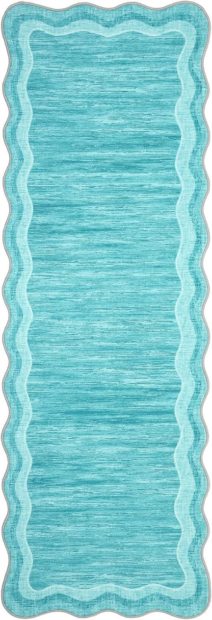 Garvee Washable Runner Rug 2x6 Modern Solid Scalloped Kitchen Runner Teal | Modern Long Runner Rug for Entryway Bedroom, Non Slip Low Pile Solid Runner Rugs for Entryway, Nursery Rugs Runner