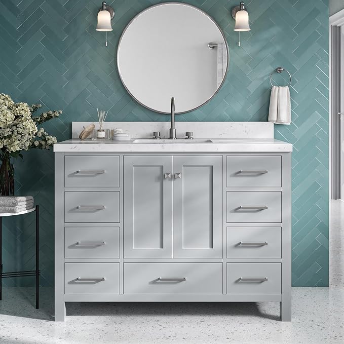 DKB Beckford 48-Inch Bathroom Vanity with Sink — Grey Single Sink Bathroom Vanity, 1.5" Edge Carrara White Quartz Countertop, Solid Wood, 2 Soft-Close Doors, 9 Dovetail Drawers