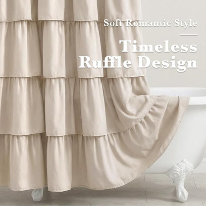 Seasonwood Small Beige Ruffle Shower Curtain Natural Farmhouse, 72"x72" | Cascading full-length fabric tiers, soft dimensional texture, vintage shabby chic styling for decorative bathroom updates