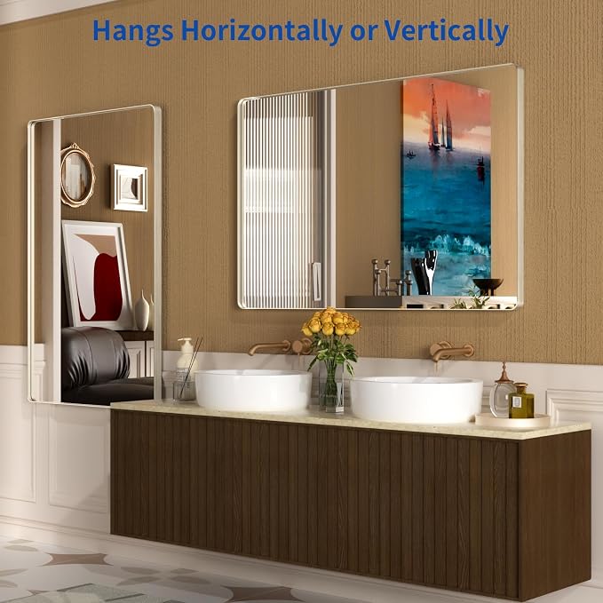 WEER Brushed Nickel Bathroom Mirror 55X36 Inch | Silver Metal Framed Vanity Mirror, Rounded Rectangle, Tempered Glass, Anti-Rust, Hangs Horizontally or Vertically