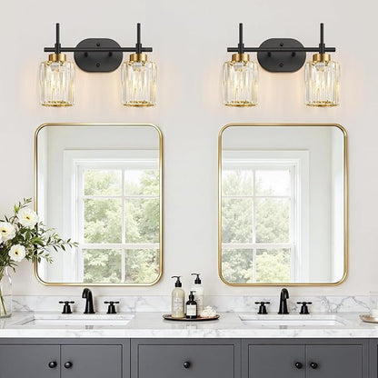 Modern Crystal Bathroom Vanity Light Fixtures, 2-Light Black and Gold Bathroom Wall Sconce Lighting for Over Mirror, Clear K9 Crystal Shades, E26 Base, Bulbs Not Included