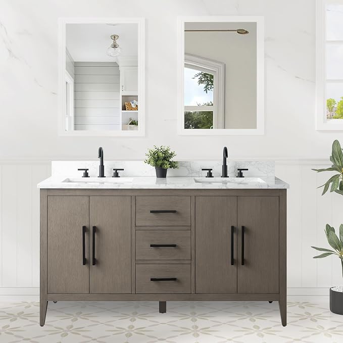 60 Inch Bathroom Vanity with Sink & Ceramic Top, Double Vanity Cabinet with Basin, Soft-Closing Doors & Matte Black Hardware, Driftwood Gray
