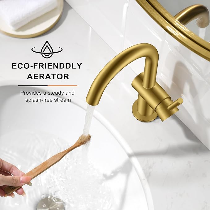 Brushed Gold Single Handle Bathroom Faucet, Single Hole Vanity Faucet | Bathroom Sink Faucet with Pop Up Drain & 6 Inch Deck Plate, Lead-Free cUPC & NSF Certified, 1 Handle Faucet for Vanity RV Bar