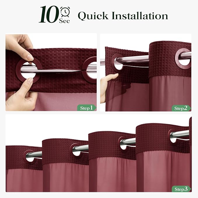 Burgundy Hook Free Waffle Shower Curtain & Snap Fabric Liner,72x87 | Less Time to install, 3 in 1 Fabric Shower Curtain and Liner Set with Magnets, Extra Long, Shower Curtains for Bathroom