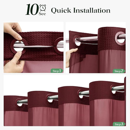 Burgundy Hook Free Waffle Shower Curtain & Snap Fabric Liner,72x87 | Less Time to install, 3 in 1 Fabric Shower Curtain and Liner Set with Magnets, Extra Long, Shower Curtains for Bathroom