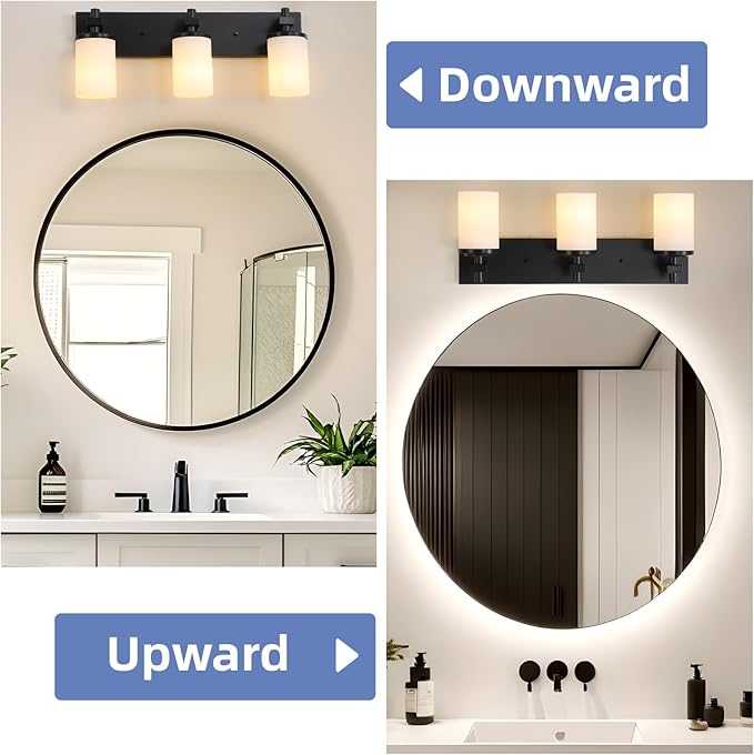 LOUSACE 3 Light Bathroom Vanity Lights Matte Black Bathroom Lighting Fixtures Over Mirror with Opal White Glass Shades, Wall Fixture Vanity Lighting
