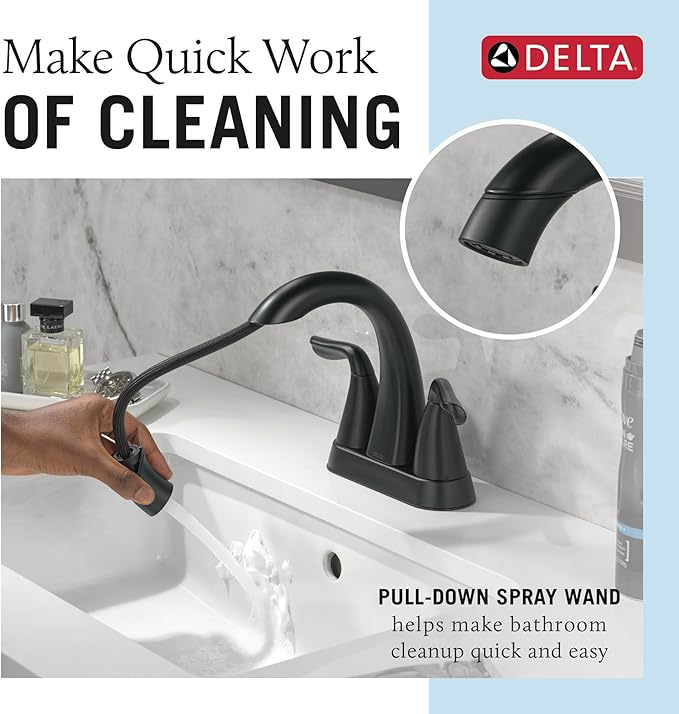Delta Arvo Centerset Matte Black Bathroom Faucet with Sprayer, 4 Inch 3 Hole Bathroom Sink Faucet with Pull Out Sprayer, Push-Pop Drain, Matte Black 25840LF-BLPD