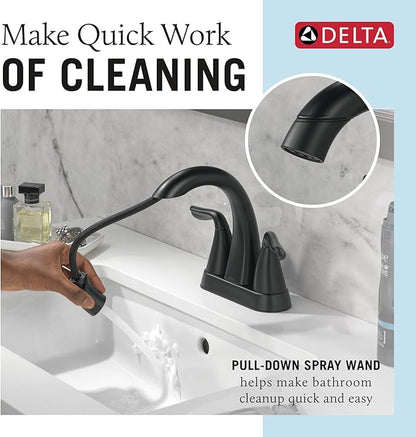 Delta Arvo Centerset Matte Black Bathroom Faucet with Sprayer, 4 Inch 3 Hole Bathroom Sink Faucet with Pull Out Sprayer, Push-Pop Drain, Matte Black 25840LF-BLPD