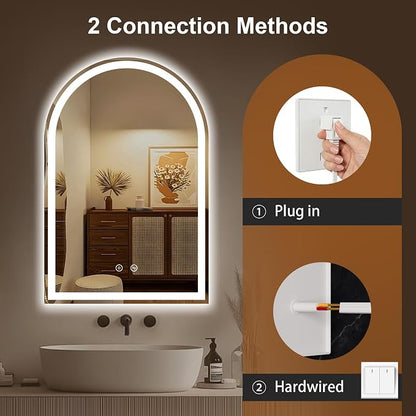 Arched LED Bathroom Mirror with Lights, 24" x 36" Lighted Vanity Mirror | Anti-Fog, Dimmable 3 Colors, Backlit + Frontlit, HD Shatterproof Tempered Glass, Memory Function
