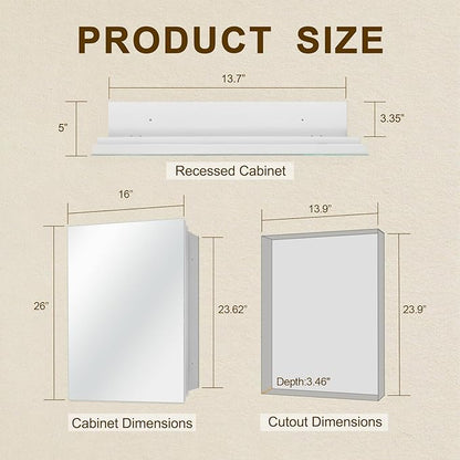 16x26 Bathroom Mirror with Storage,Recessed & Surface Mount Medicine Cabinet, Frameless Bathroom Cabinet with Mirror, Wall Mounted Mirror Cabinet for Bathroom, Modern Sleek Design