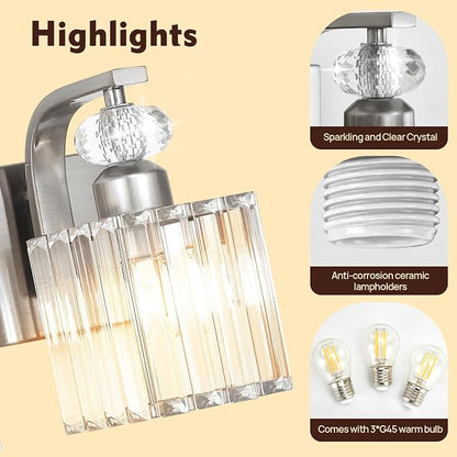 Modern Bathroom Vanity Light, 3-Light Nickel Bathroom Lighting Fixtures Over Mirror, 20.5" Crystal Wall Light Sconce for Bathroom/Bedroom/Vanity, Includes LED Bulbs, Easy Installation