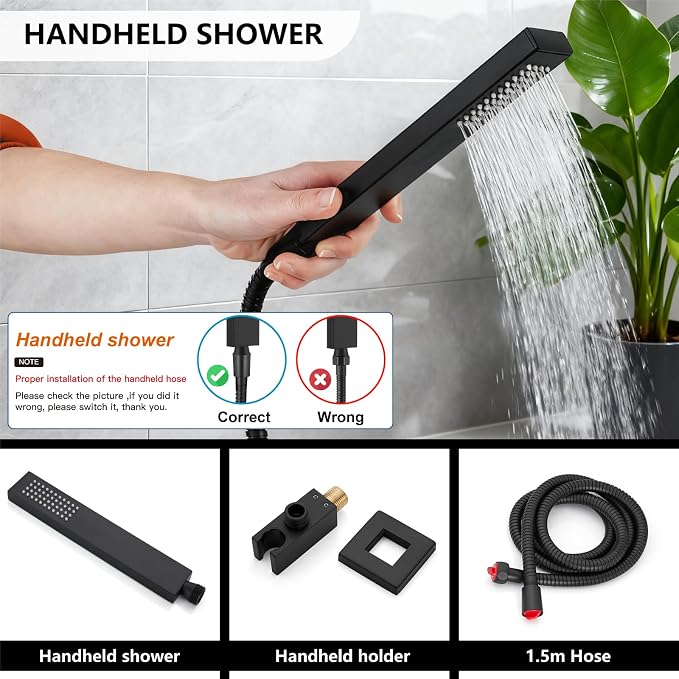 Midanya Shower System with Tub Spout,10 Inch Shower Head,Matte Black | with Valve & Trim Kit,Square Rain Head,Handheld Sprayer,Waterfall Spout,All Metal Wall Mount Bathroom Shower Tub Faucet Set