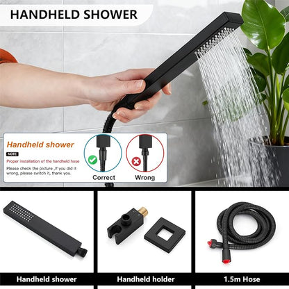 Midanya Shower System with Tub Spout,10 Inch Shower Head,Matte Black | with Valve & Trim Kit,Square Rain Head,Handheld Sprayer,Waterfall Spout,All Metal Wall Mount Bathroom Shower Tub Faucet Set
