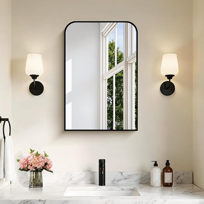 COFENY Bathroom Mirror, 16x24 inch Black Rectangle Wall Mounted Mirror with Thin Frame, Bathroom Vanity Mirrors for Over Sink, Entryway, Living Room, Bedroom