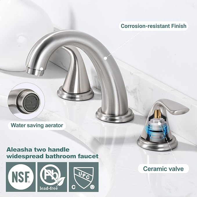 Bathroom Sink Faucet 3 Holes Brushed Nickel, ALEASHA Widespread Bathroom Faucet, Washroom Sink Faucets with 304 Stainless Steel Lead-Free Hose, Pop Up Drain with Overflow for RV Restroom Vanity Camper