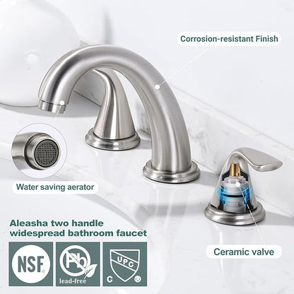 Bathroom Sink Faucet 3 Holes Brushed Nickel, ALEASHA Widespread Bathroom Faucet, Washroom Sink Faucets with 304 Stainless Steel Lead-Free Hose, Pop Up Drain with Overflow for RV Restroom Vanity Camper