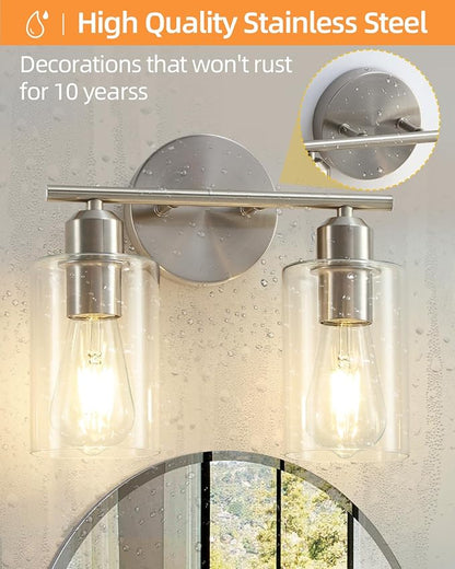 Bathroom Light Fixtures, 2-Light Brushed Nickel Vanity Lights, Modern Bathroom Lighting Fixtures Over Mirror with Clear Glass Shade, Wall Sconce Lighting for Bedroom Living Room