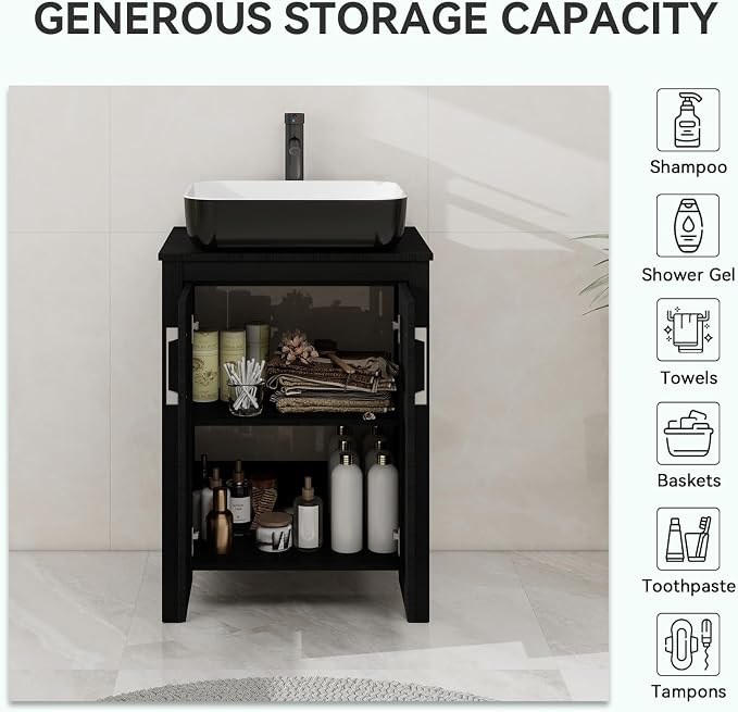 YOURLITE 24" Bathroom Vanity with Sink, Black Bathroom Vanity Cabinet, Faucet & Pop Up Drain Set,Traditional Vanity with with White & Black Ceramic Sink