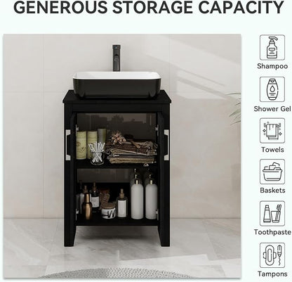 YOURLITE 24" Bathroom Vanity with Sink, Black Bathroom Vanity Cabinet, Faucet & Pop Up Drain Set,Traditional Vanity with with White & Black Ceramic Sink