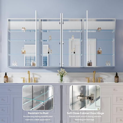 80" x 36" Bathroom Medicine Cabinet with Mirror, Anodized Chrome Aluminum Frame, Surface Mount or Recessed Medicine Cabinet with Mirror, Bathroom Mirror with Storage, Four Doors