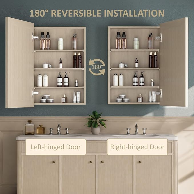 Buruis 20 x 28 Inch Bathroom Wood Medicine Cabinet Mirror, Oak Finish | Fully Assembled Design, Adjustable Glass Shelves, Soft-Close Hinges, Bathroom Storage Organizer, Left/Right Opening