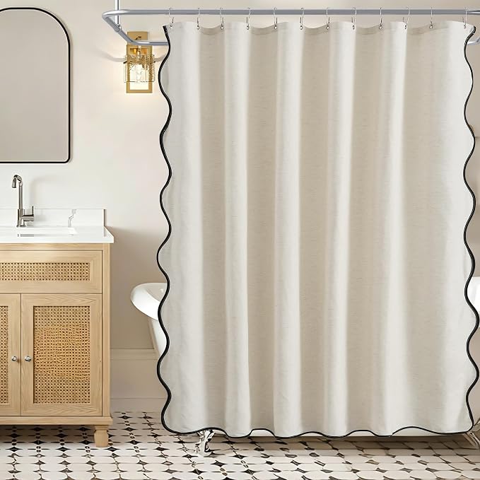 ORTIGIA Scalloped Shower Curtain Linen Textured with Metal Hooks, Waterproof Fabric Neutral Thick Cloth Cute Scallop Shower Curtains with Black Border for Rustic Farmhouse Bathroom Decor 72x72 Inch