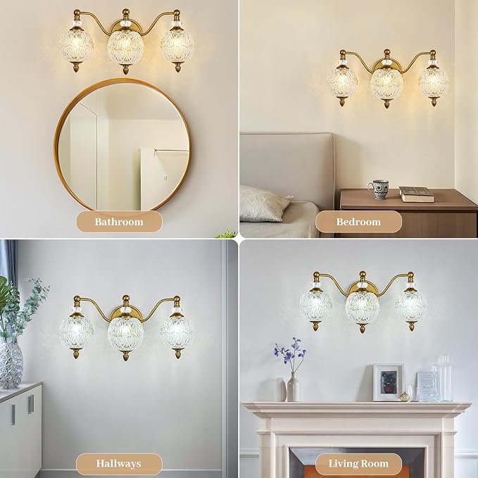 Vintage Bathroom Vanity Light, 3-Light Mid Century Matte Brass Finish Wall Sconce with Globe Glass Shades, Retro Mirror Light for Bathroom, Powder Room