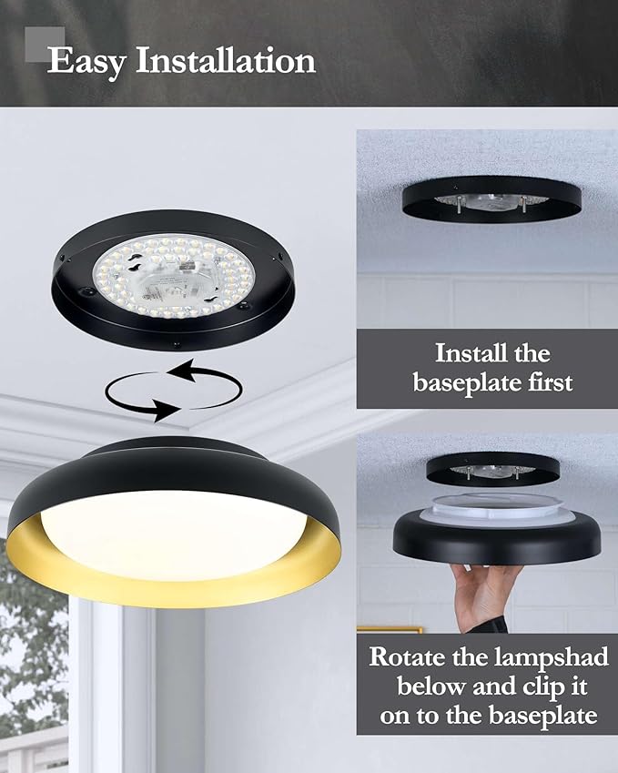 Ken & Ricky Flush Mount Ceiling Light Fixture, Led Dimmable 24w for Bedroom Kitchen Bathroom Laundry Hallway Entryway,Remote Control (Black and Gold,12Inch,1PK)