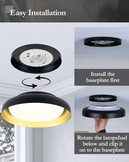 Ken & Ricky Flush Mount Ceiling Light Fixture, Led Dimmable 24w for Bedroom Kitchen Bathroom Laundry Hallway Entryway,Remote Control (Black and Gold,12Inch,1PK)