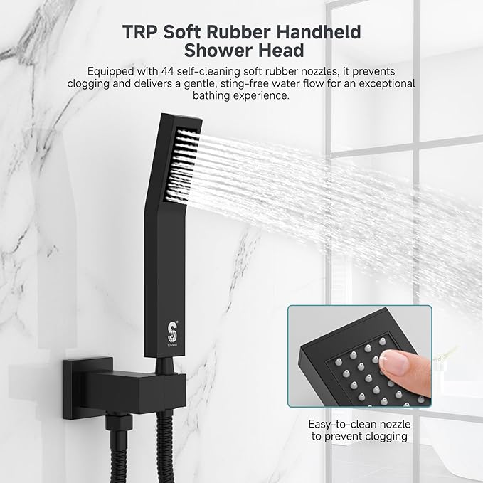 SR SUN RISE Shower System with Push Button Diverter, Wall Mounting Luxury 10 Inch Rain Shower Head with Handheld Spray, High Pressure Shower Faucet Combo Set with Rough-in Valve, Matte Black