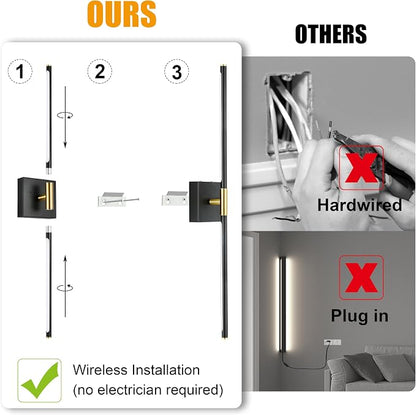 Morauroral 36 Inch Battery Operated Wall Sconces Set of 2, Dimmable Battery Wall Sconce with Remote Control, Black Gold LED Rechargeable Sconces, Modern Wireless Wall Lights for Bedroom, Living Room