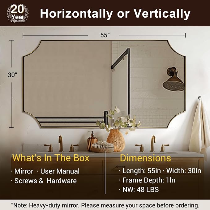 Scalloped 30"x55" Gold Mirrors for Bathroom Sink | Anti-Rust Stainless Steel Frame, Vertical & Horizontal Hang, Elegant Home Accent, Ideal for Large Bathroom & Powder Room